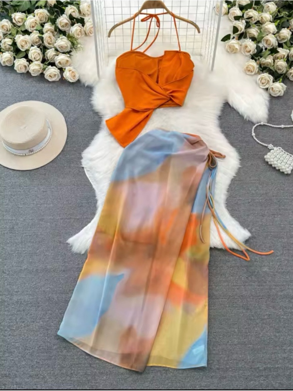 Orange Halter Crop Top with Multi-Color Satin Wrap Skirt
